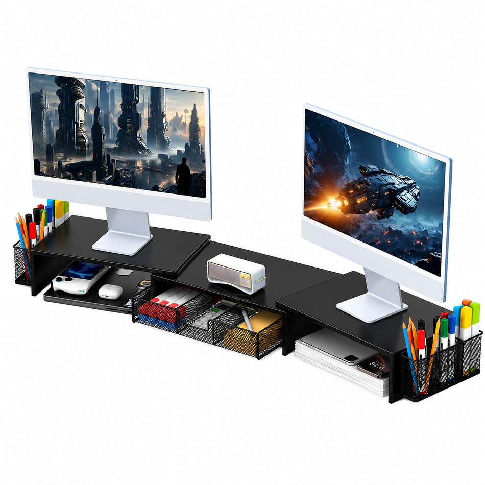 Adjustable Dual Monitor Stand Riser with Drawer and Side Organisers