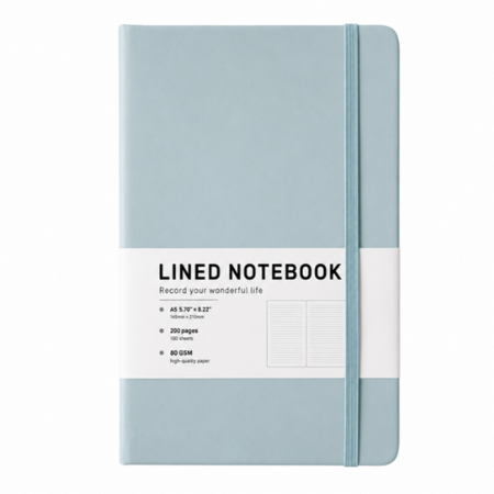 Light-blue A5 lined notebook with elastic closure