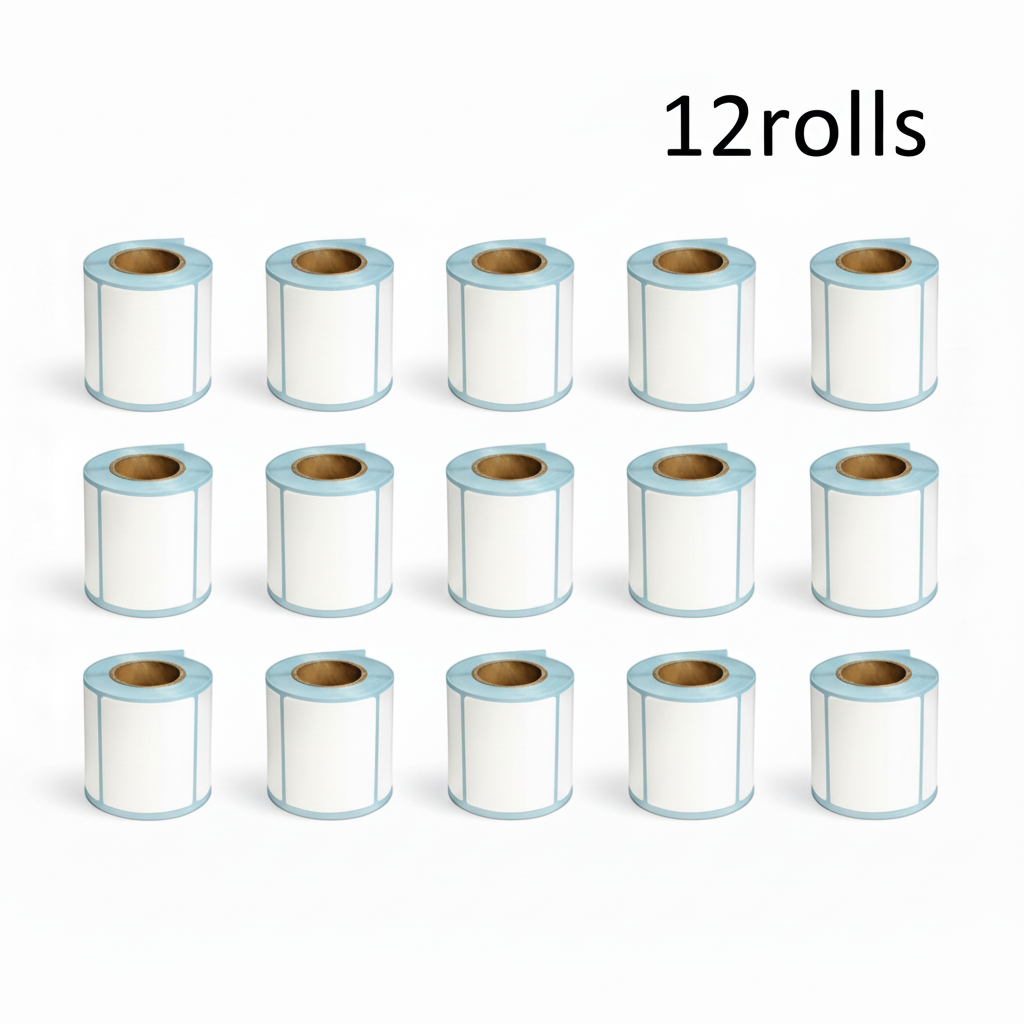 Twelve rolls of 70 × 40mm white direct thermal labels