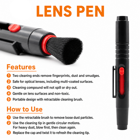 Retractable lens cleaning pen with brush and cleaning tip
