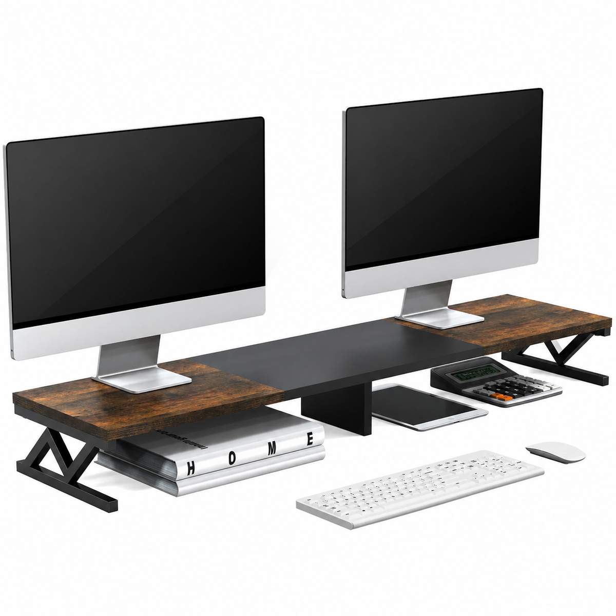 MDF and steel dual monitor riser on an office desk