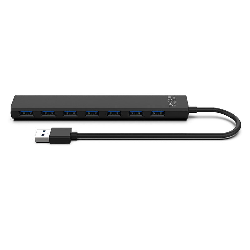 Black seven-port USB-A hub with attached USB-A cable