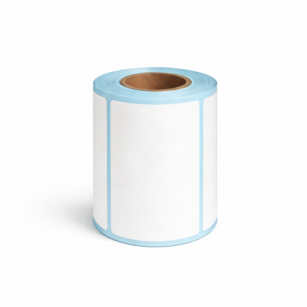 Upright roll of 80 × 40mm white direct thermal labels