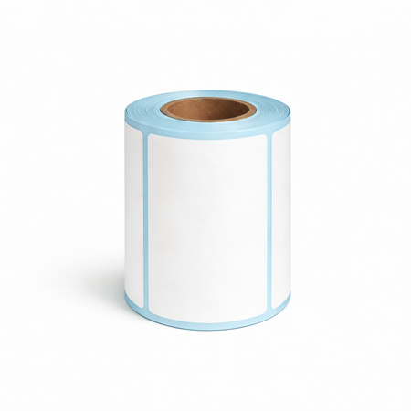 Upright roll of 80 × 40mm white direct thermal labels