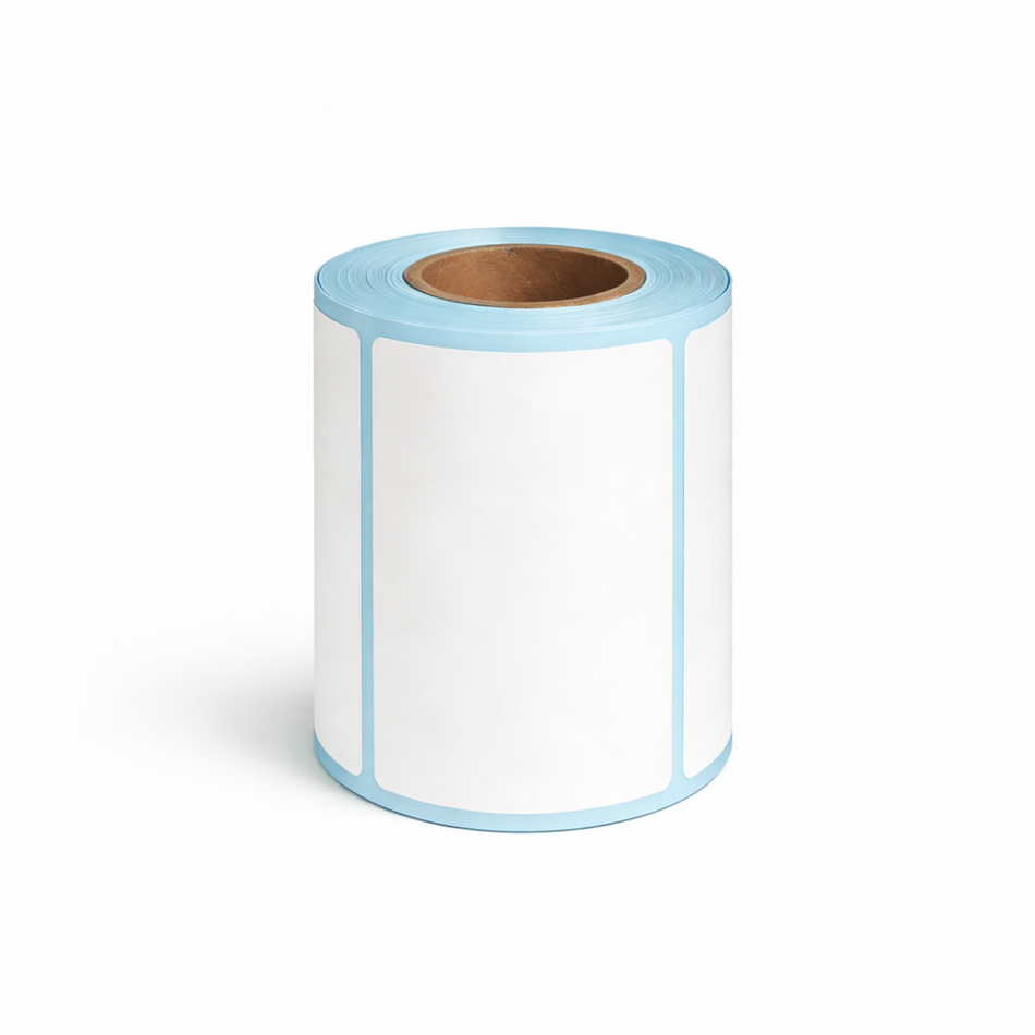 Upright roll of 80 × 40mm white direct thermal labels