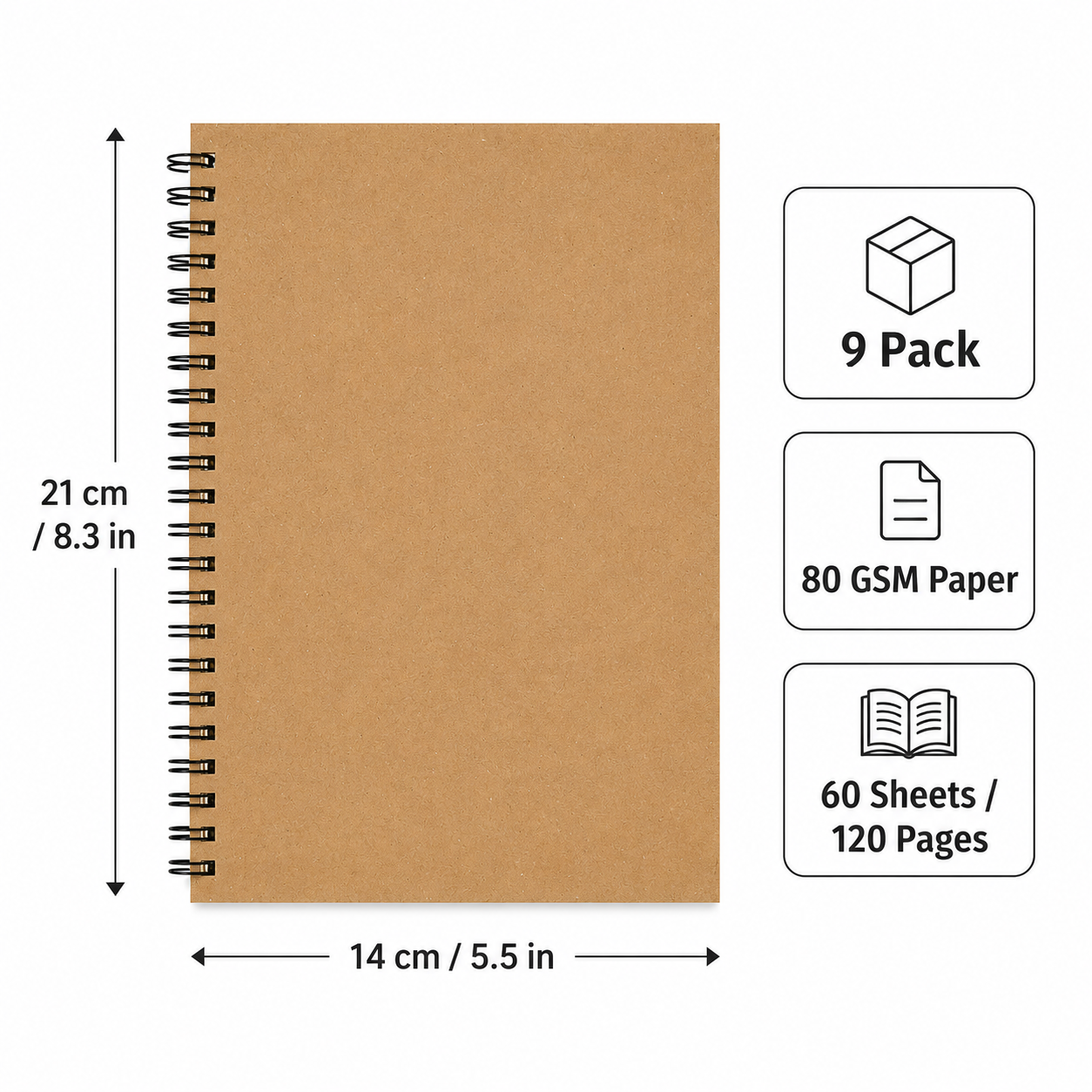 9 Pack A5 Spiral Notebooks – Thick Ruled Kraft Paper Journals – product image 3