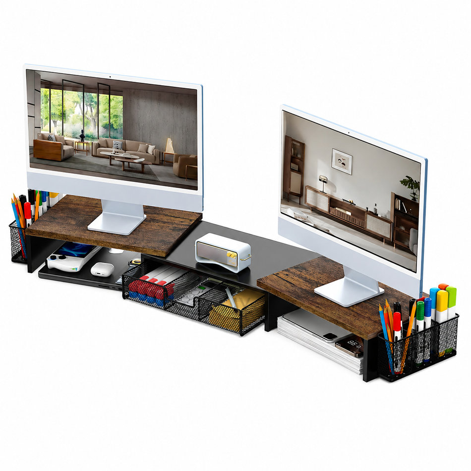 Adjustable Dual Monitor Stand Riser with Drawer and Side Organisers
