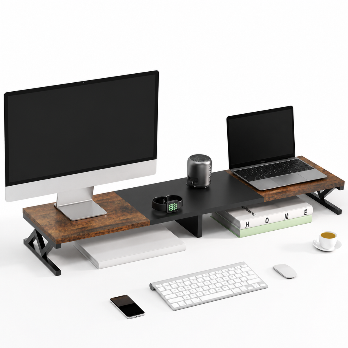 Wide monitor riser holding a monitor and laptop with storage underneath
