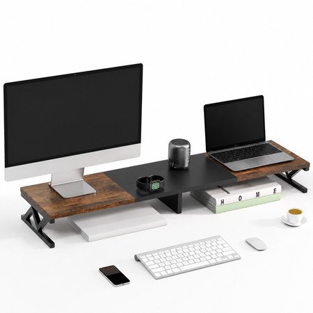 Wide monitor riser holding a monitor and laptop with storage underneath