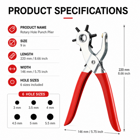 Rotary leather hole punch pliers dimensions and specifications