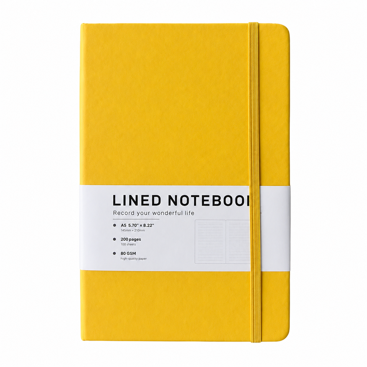 Yellow A5 lined notebook with elastic closure