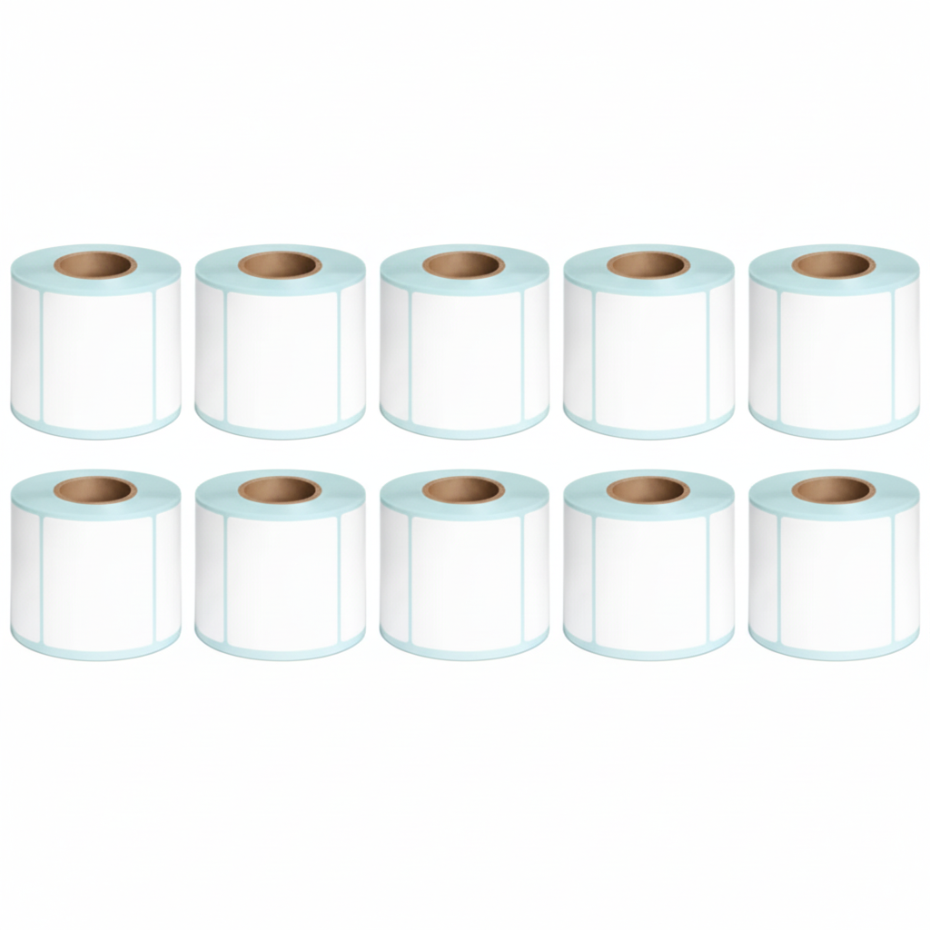 Ten rolls of 50 × 40mm white direct thermal labels