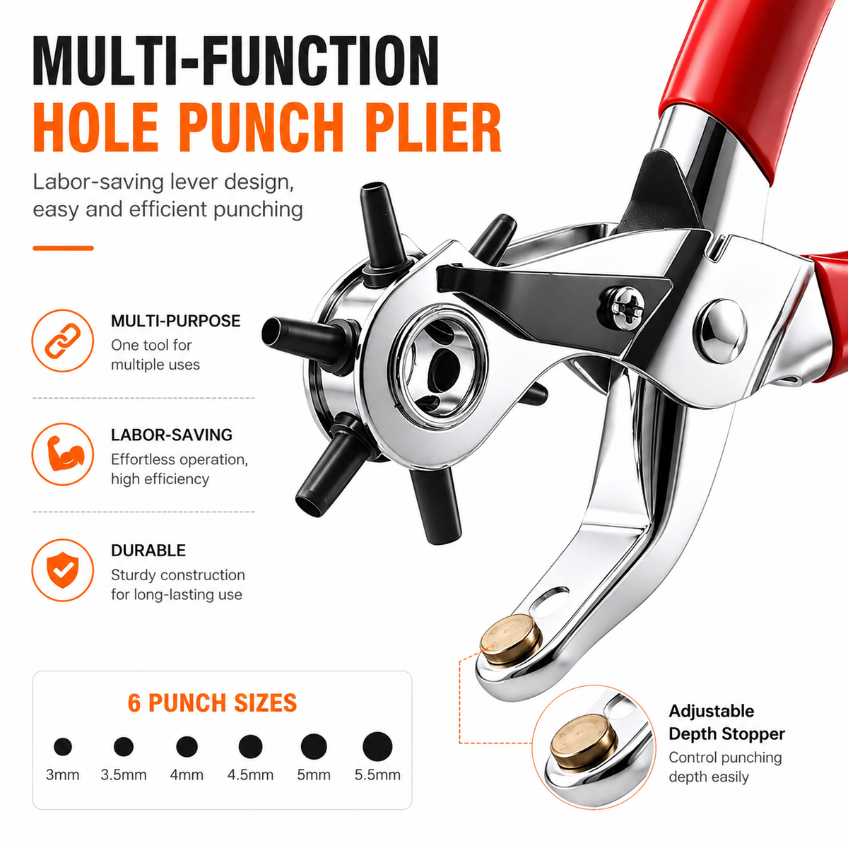 Six-size leather hole punch pliers with adjustable depth stop