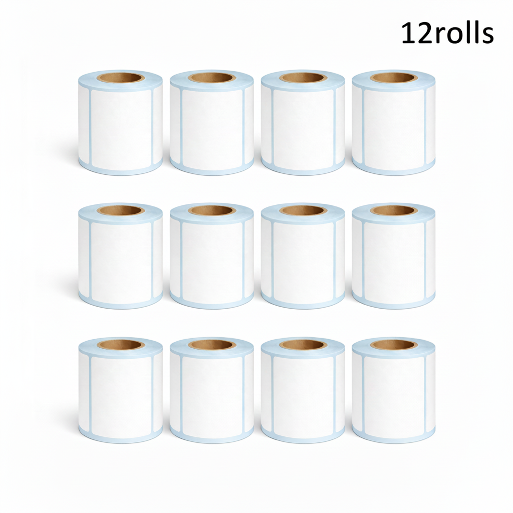 Twelve rolls of 80 × 60mm white direct thermal labels