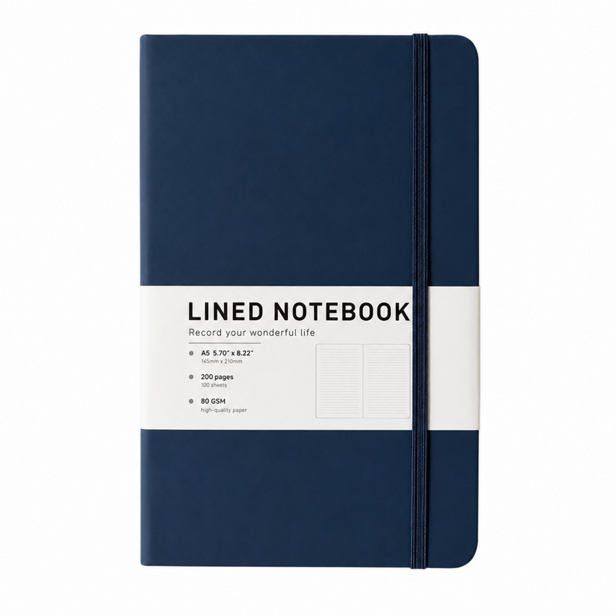 Blue A5 lined notebook with elastic closure
