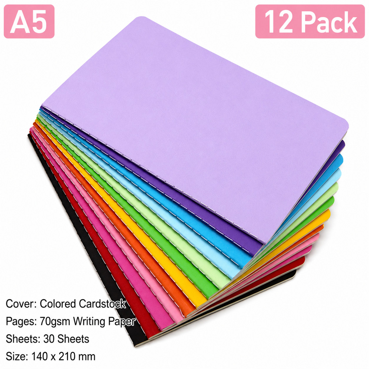 12 Pack A5 Sewn-Binding Colourful Notebook Set