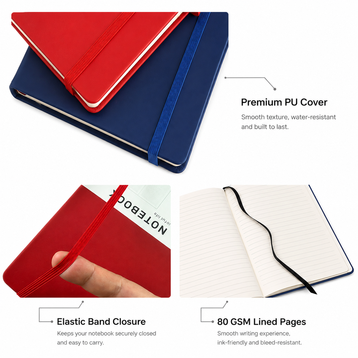 PU notebook cover, elastic closure and lined pages