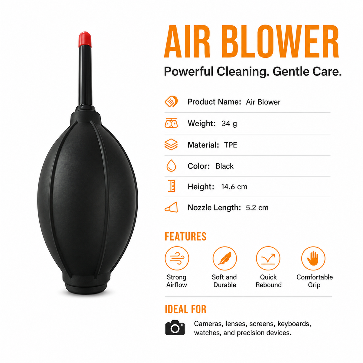 Hand-operated air blower for camera and lens cleaning
