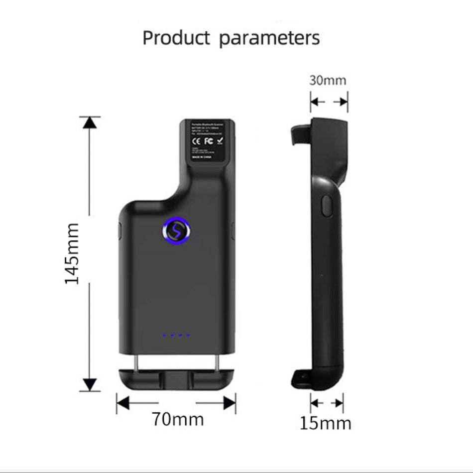 Compact phone-mounted barcode scanner dimensions