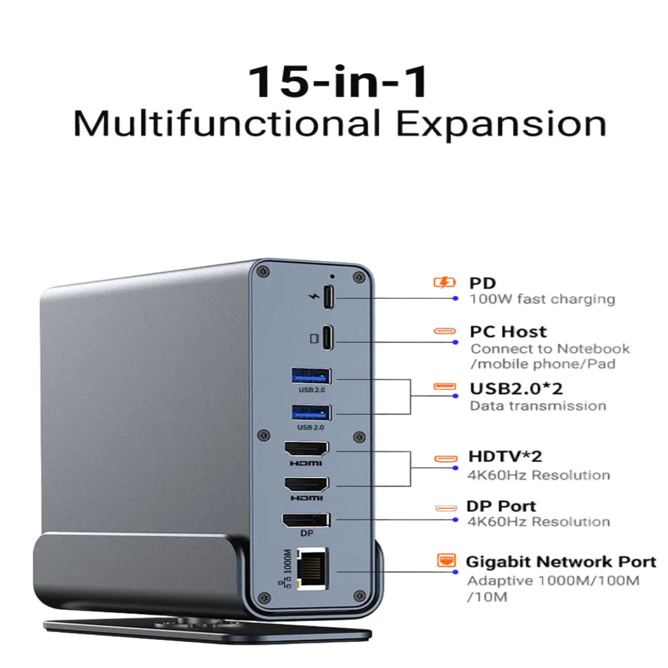15-in-1 USB-C Docking Station with M.2 SSD Enclosure (Triple Display, 100W PD, Gigabit Ethernet)