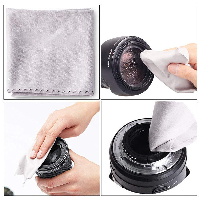 Microfibre cloth for cleaning camera lenses and optical surfaces