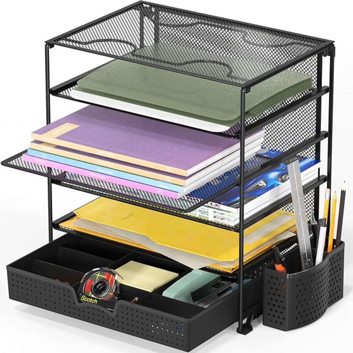 File organiser with open drawer and side pen holder