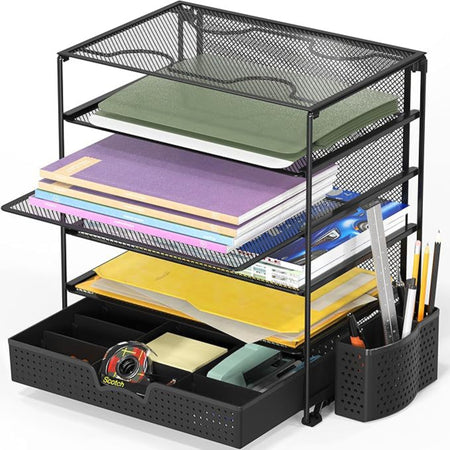 File organiser with open drawer and side pen holder