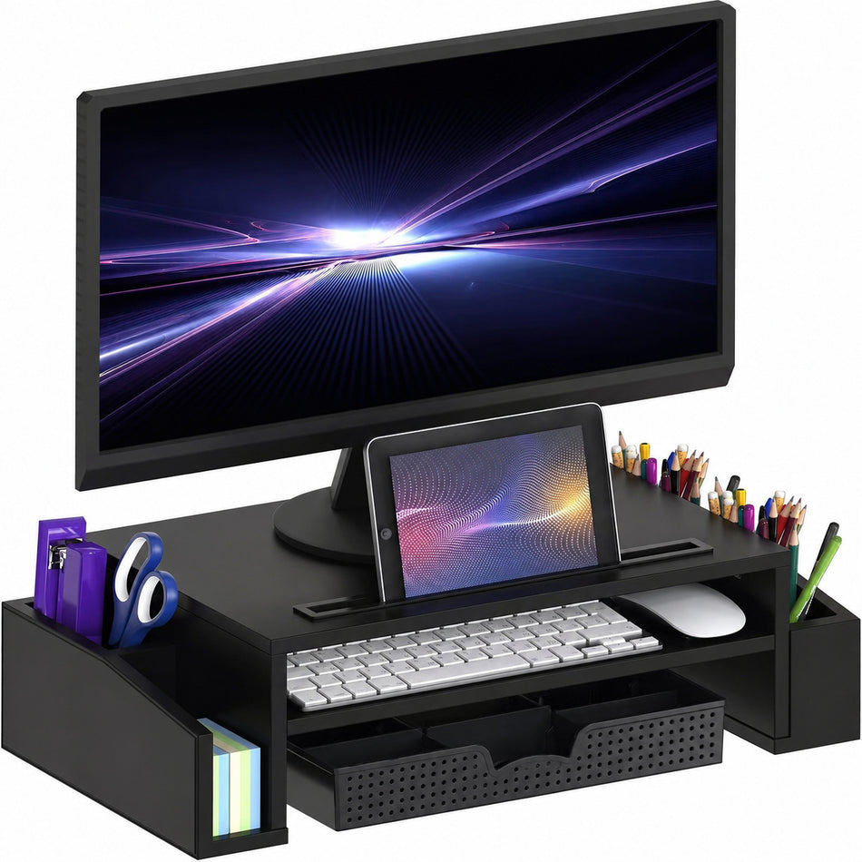Wooden Monitor Stand Riser with Drawer and Desk Organiser