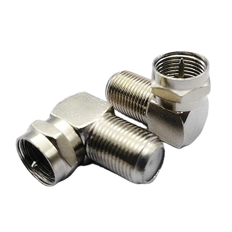 Right-Angle F-Type Adapter, Male to Female, 90-Degree, Nickel-Plated, Compact