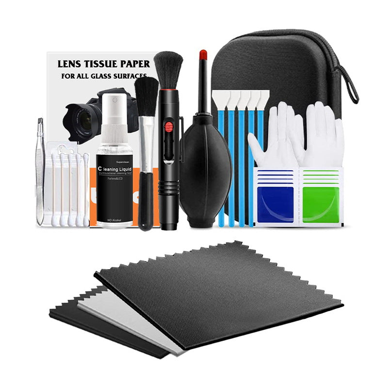 Camera cleaning kit with blower, brushes, swabs, cloths and storage bag