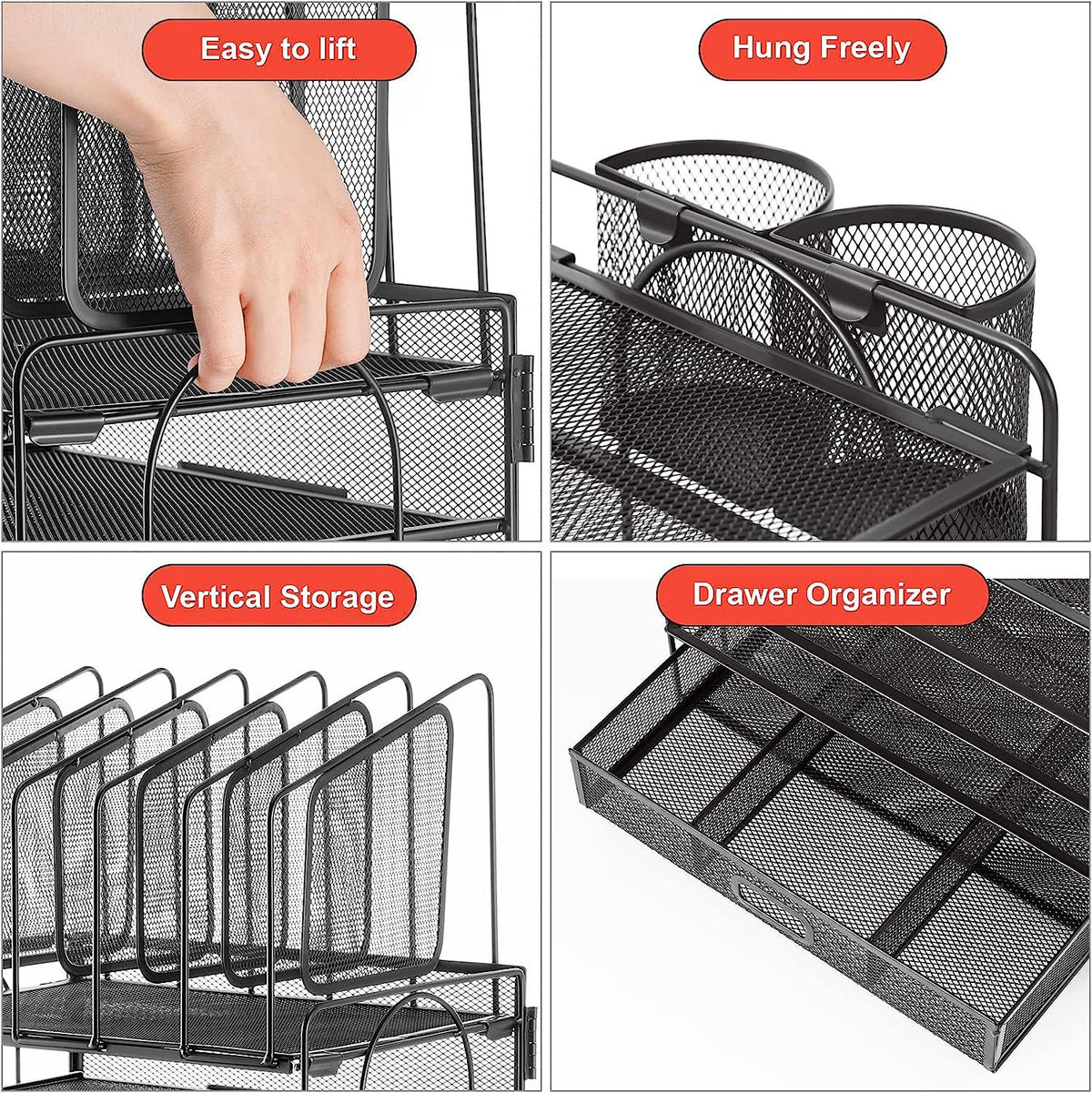 File organiser handles, pen holders, upright compartments and drawer details