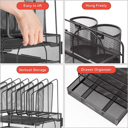 File organiser handles, pen holders, upright compartments and drawer details