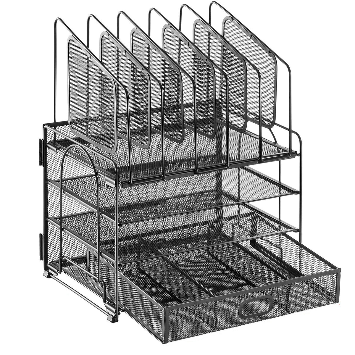 Empty black file organiser showing upright compartments, trays and divided drawer