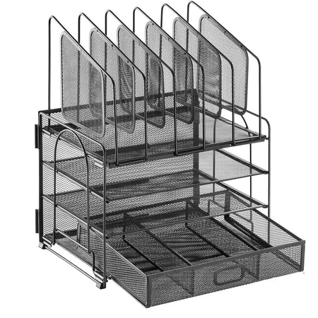 Empty black file organiser showing upright compartments, trays and divided drawer