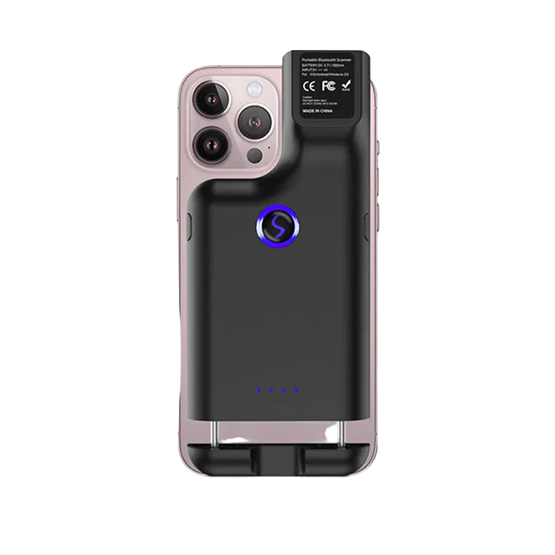 Portable Bluetooth 2D barcode scanner mounted on a smartphone