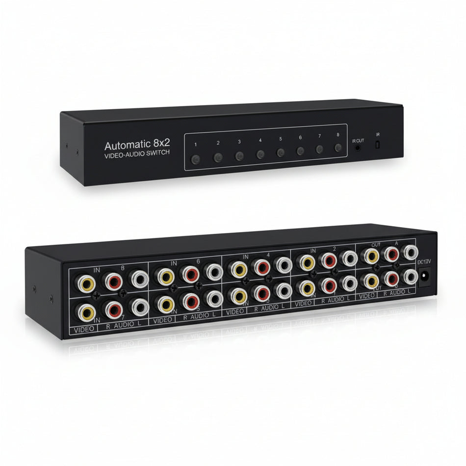 8-Port AV Switcher & 2-Way Splitter with Remote Control and Auto Switching