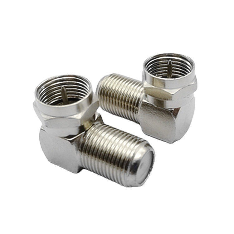 Right-Angle F-Type Adapter, Male to Female, 90-Degree, Nickel-Plated, Compact