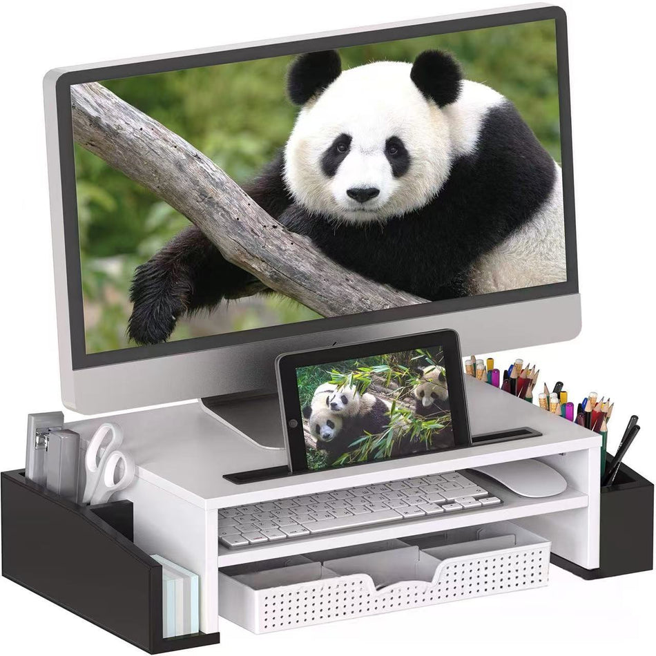 Wooden Monitor Stand Riser with Drawer and Desk Organiser