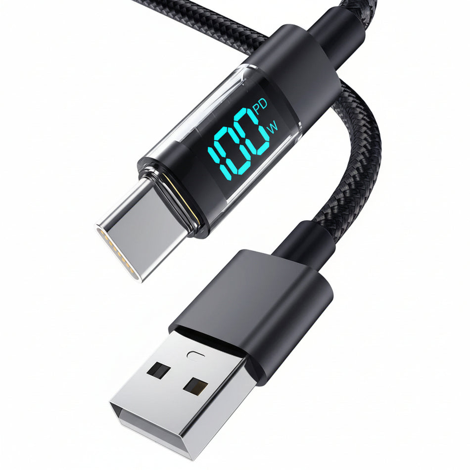 USB-A to USB-C Fast Charging Cable with Built-In Watts Display (100W PD + 480Mbps Data)