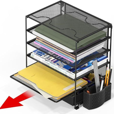 Slide-out document tray on the black five-tier organiser