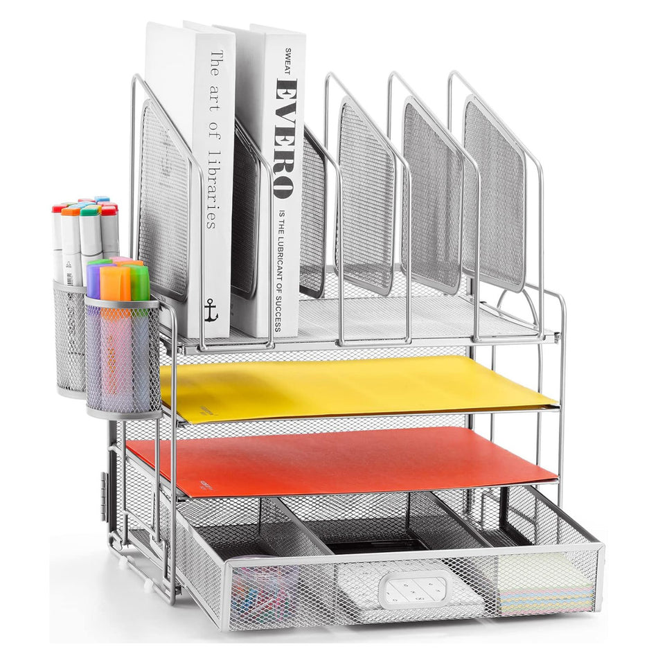 Silver metal desktop file organiser with drawer and two pen holders; stationery shown for illustration