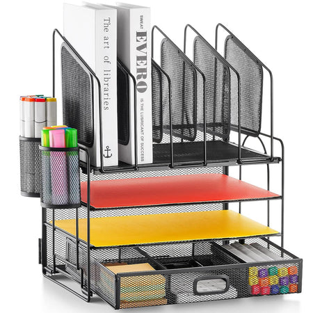 Black metal desktop file organiser with drawer and two pen holders; stationery shown for illustration