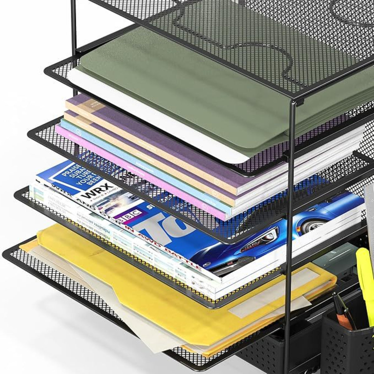 Close-up of mesh document trays with illustrative stationery