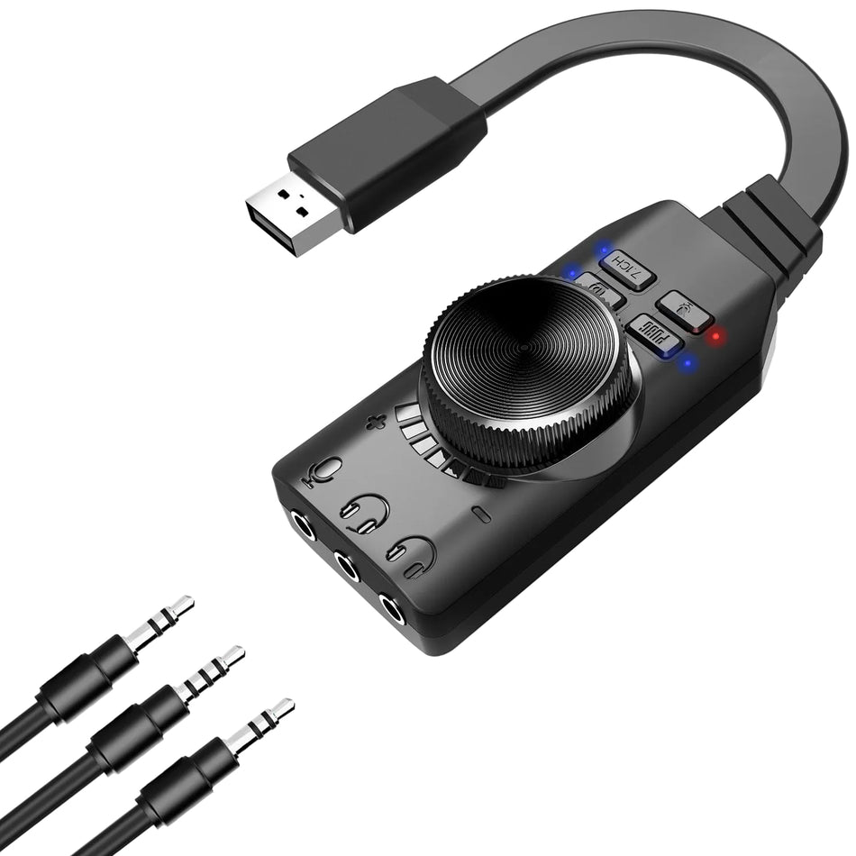 USB 7.1 Surround Sound External Audio Card with 3.5mm Audio and Microphone Support