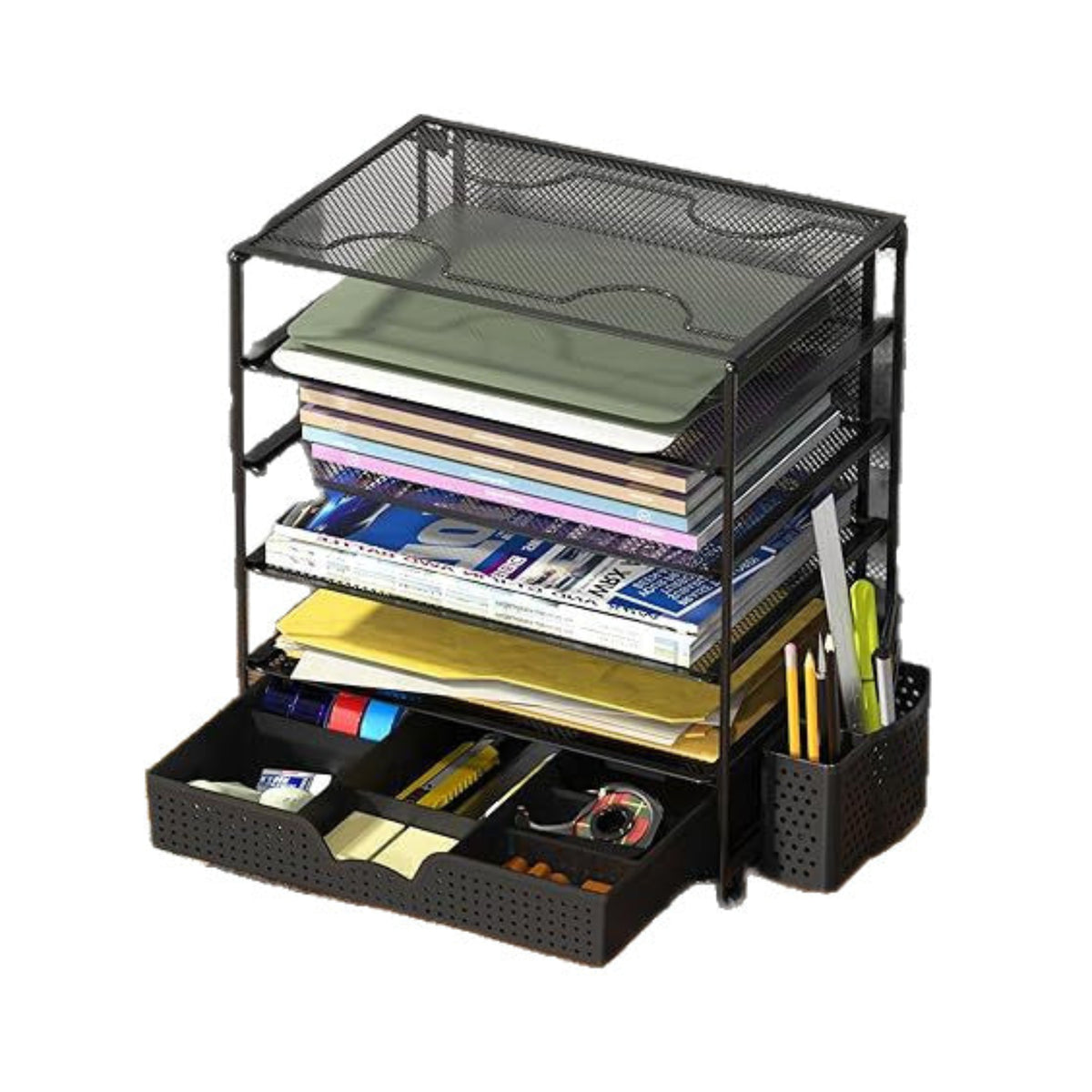 Black five-tier desktop file organiser with drawer and side pen holder; stationery not included