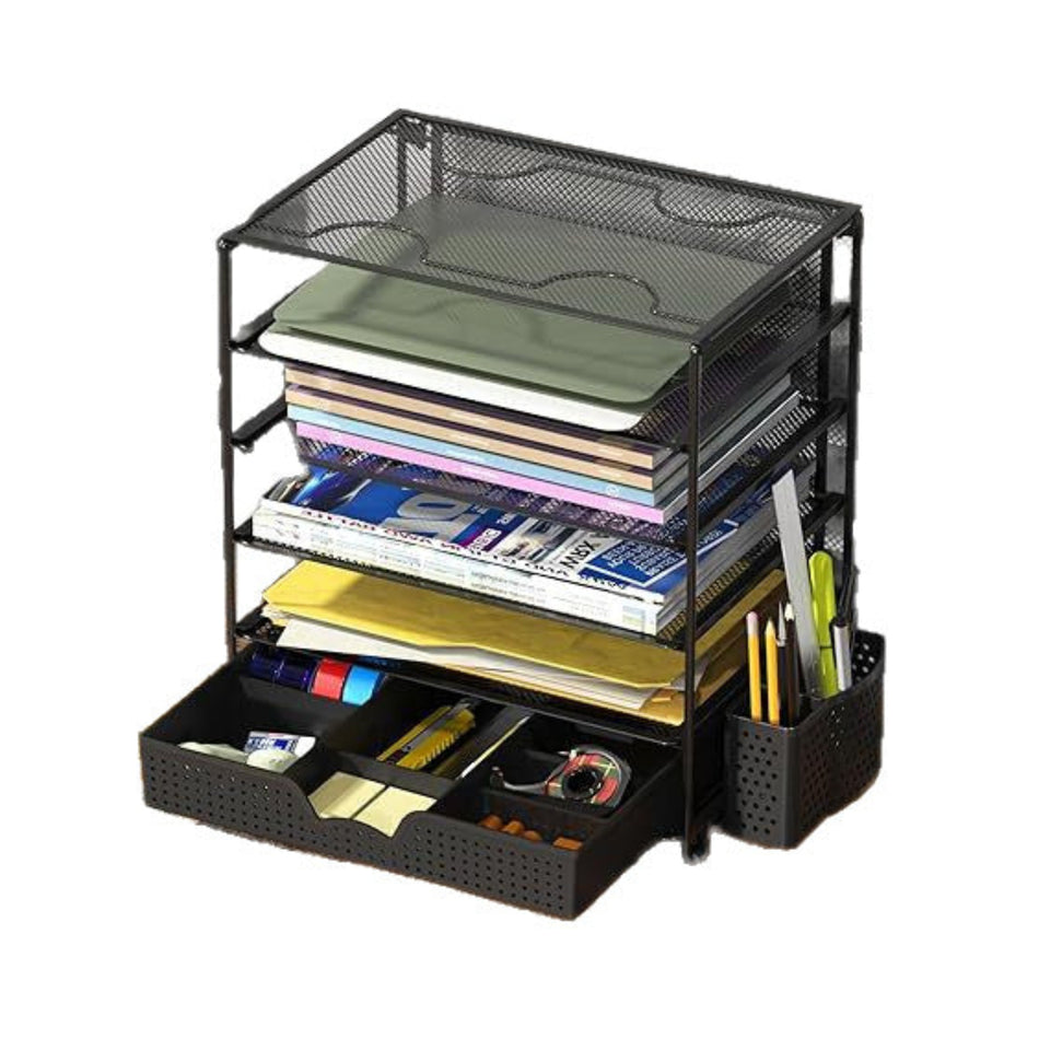 Black five-tier desktop file organiser with drawer and side pen holder; stationery not included