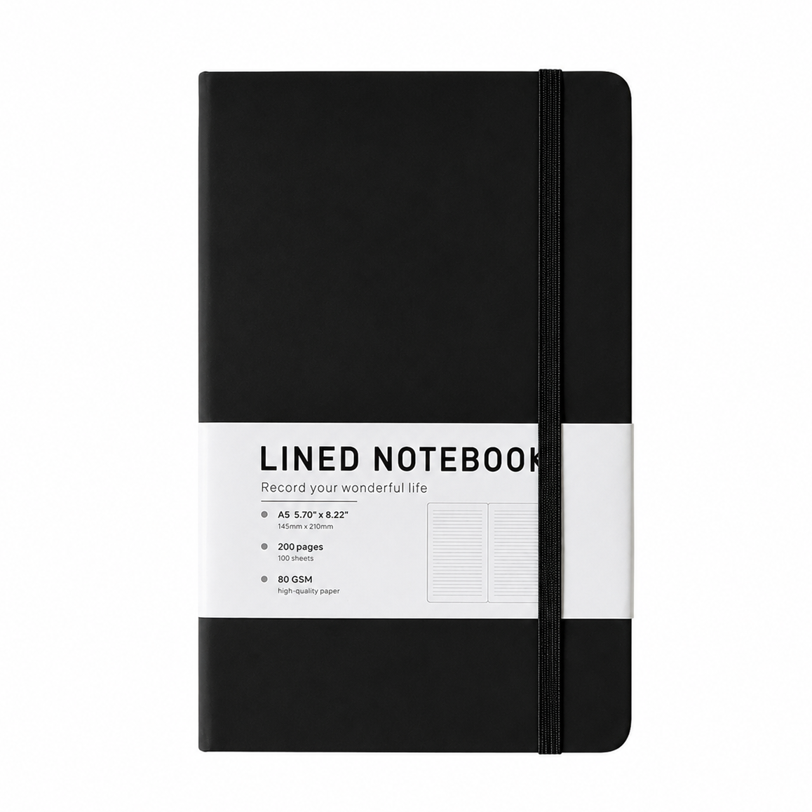Black A5 lined notebook with elastic closure