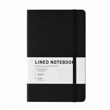 Black A5 lined notebook with elastic closure