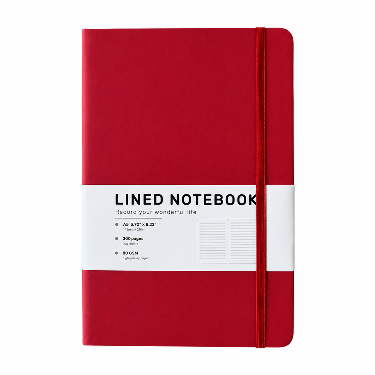 Red A5 lined notebook with elastic closure