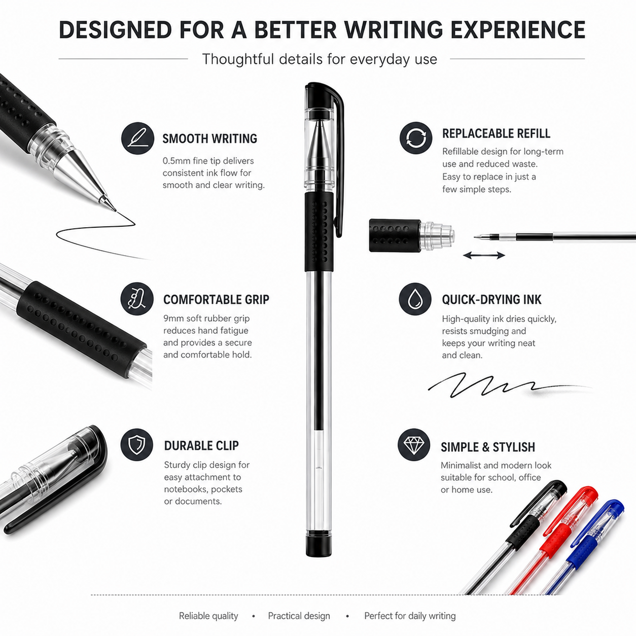 10 Pack 0.5mm Rollerball Pens with Refillable Ink – product image 8